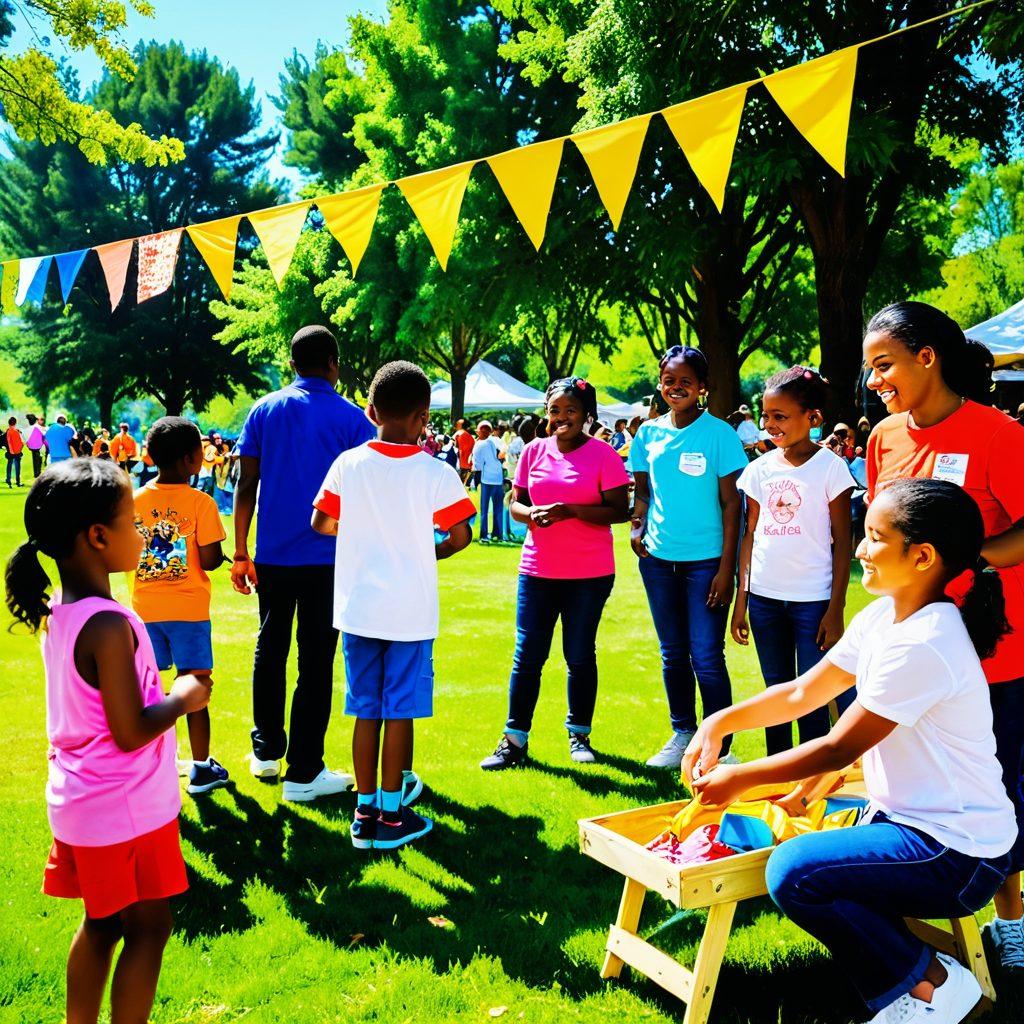 A vibrant community gathering scene highlighting diverse people engaging in activities that promote joy, well-being, and fire safety awareness. Include cheerful children playing, adults sharing knowledge in a workshop, and fire safety demonstrations with colorful banners. Incorporate elements like blossoming plants to symbolize growth and joy. Emphasize warmth and connection among community members. bright colors. super-realistic. natural setting.