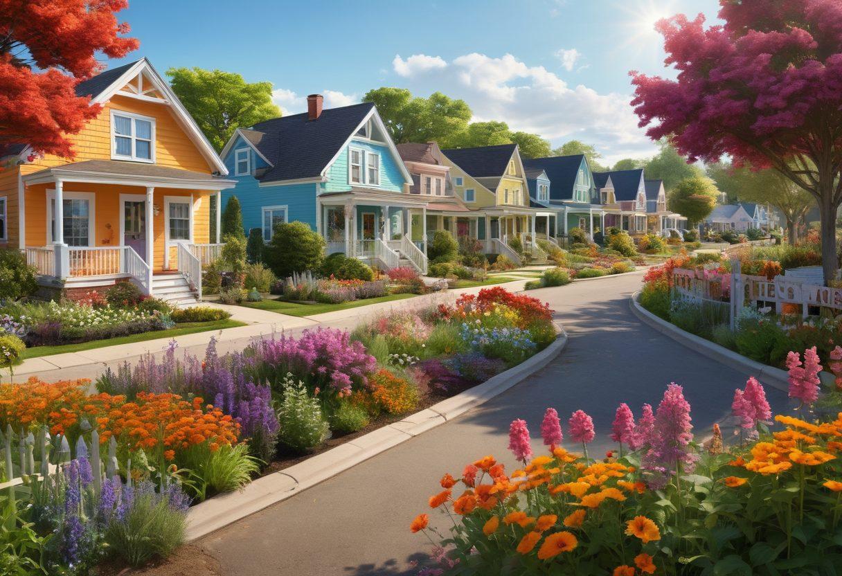 A group of diverse community members participating in fire management training, gathering around a vibrant community garden with blooming flowers and trees. In the background, a welcoming neighborhood with colorful houses and supportive signs promoting resilience and happiness. The sky is bright and clear, symbolizing hope and positivity. super-realistic. vibrant colors. 3D.