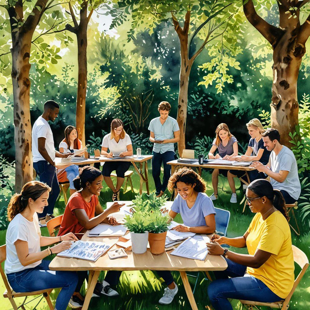 A diverse group of people engaged in a collaborative outdoor workshop, surrounded by nature, practicing mindfulness and teamwork. Visuals of smiling faces, notebooks, and plants, symbolizing well-being and safety awareness. Warm sunlight filtering through trees, creating a cozy atmosphere. Use vibrant colors to convey positivity and empowerment. watercolor painting.